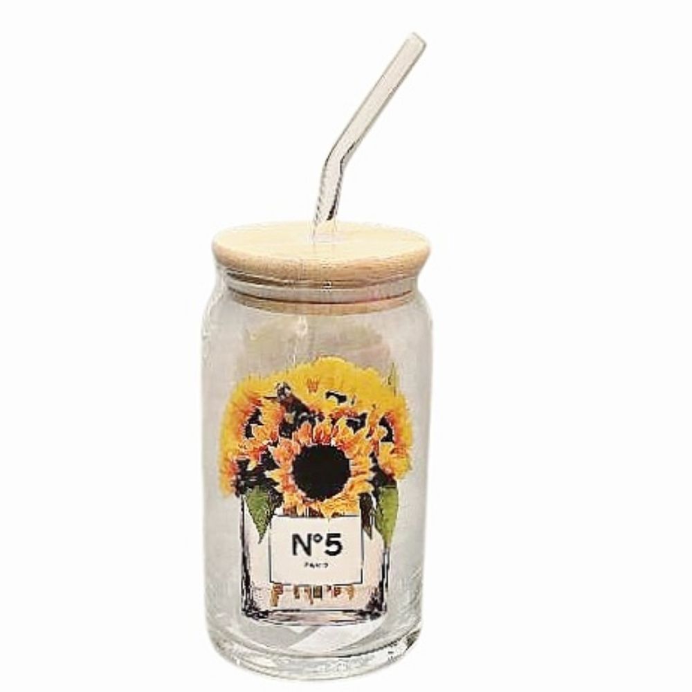 Amanda Greenwood Chanel No 5 Sunflower Glass Tumbler w/Straw